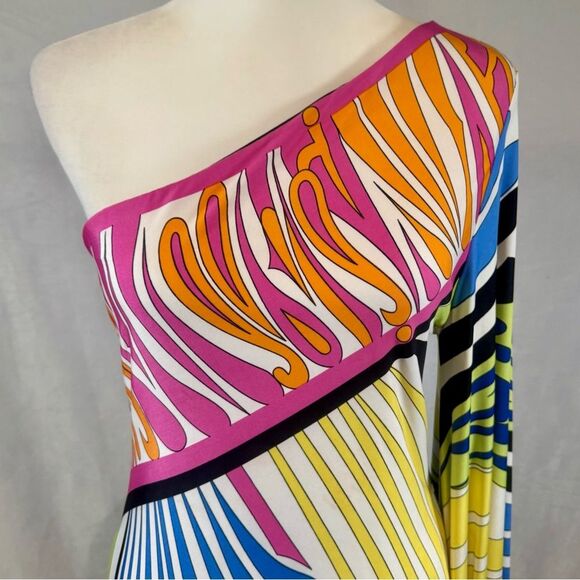 Analili stunning colorful one shoulder flare abstract retro bodycon dress medium - Picture 4 of 8